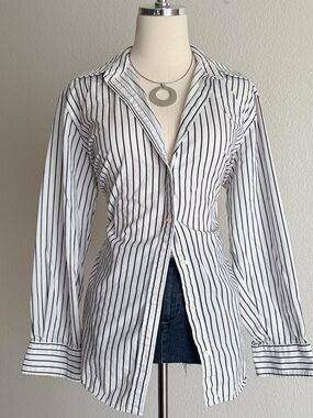 White and Black Striped Button-Up Shirt